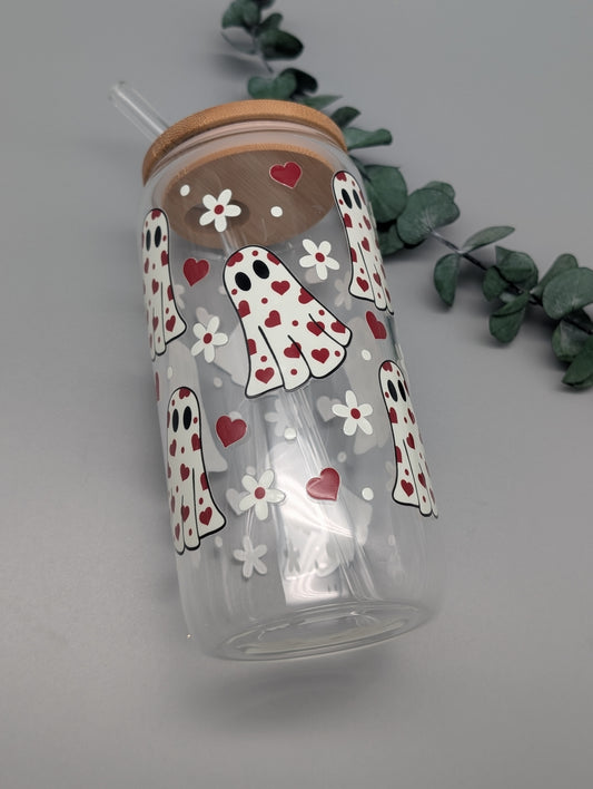 TRINKGLAS I GLASBECHER I MIT DECKEL UND STROHHALM I BOO-TIFUL HEART CUP