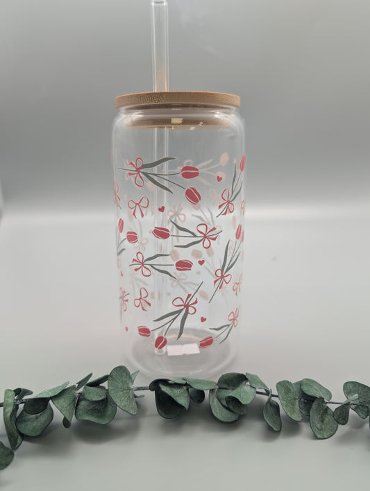 TRINKGLAS I GLASBECHER I MIT DECKEL UND STROHHALM I TULPEN