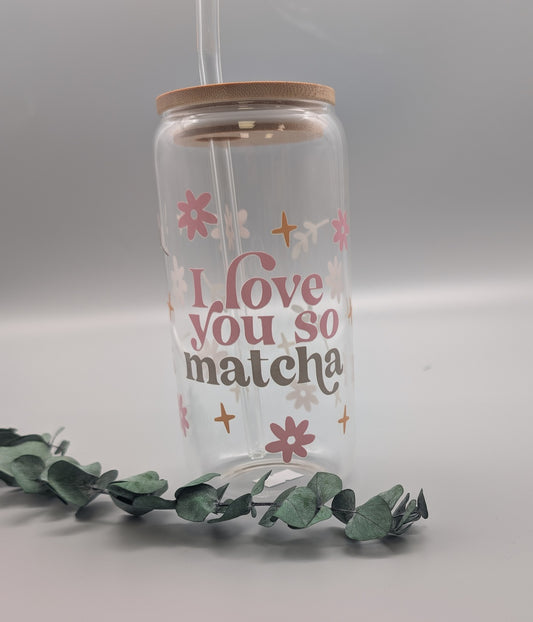 TRINKGLAS I GLASBECHER I MIT DECKEL UND STROHHALM I I LOVE YOU SO MATCHA