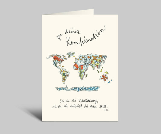 KONFIRMATIONSKARTE I BUNTE WELTKARTE I MIT UMSCHLAG