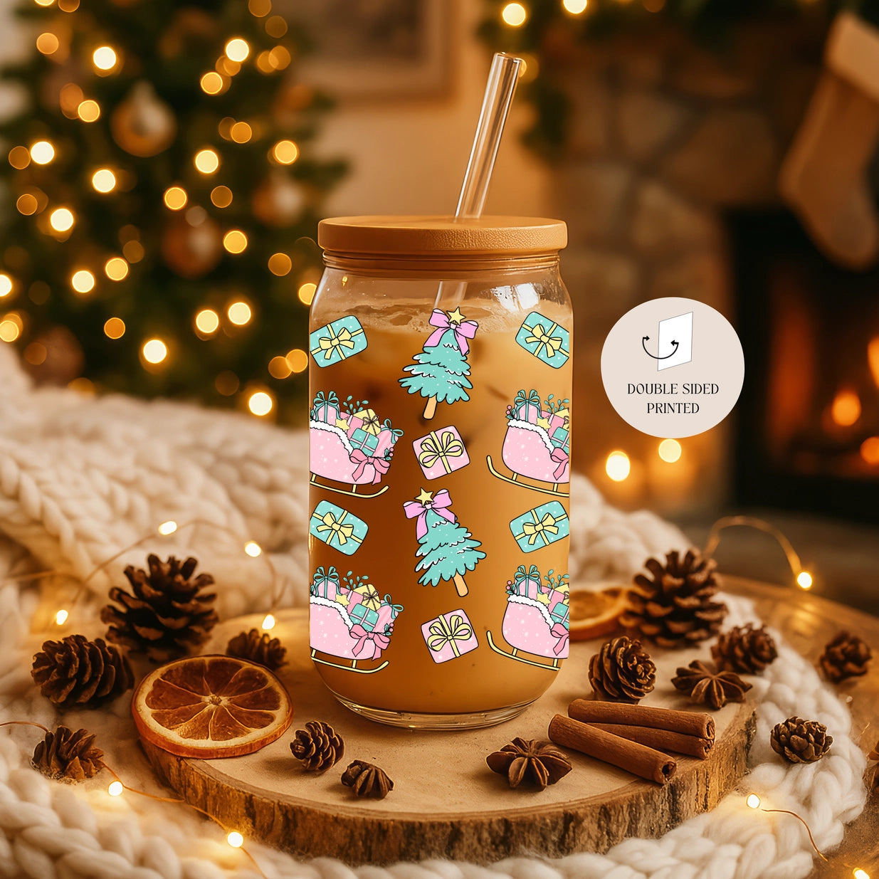 GLASBECHER I SANTA SCHLITTEN I DECKEL UND STROHHALM