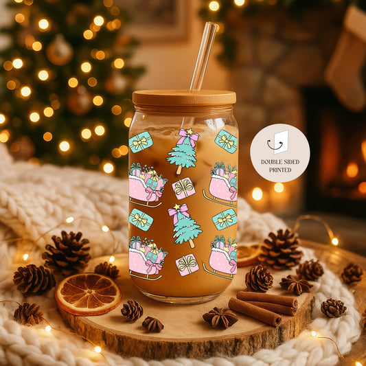 GLASBECHER I SANTA SCHLITTEN I DECKEL UND STROHHALM