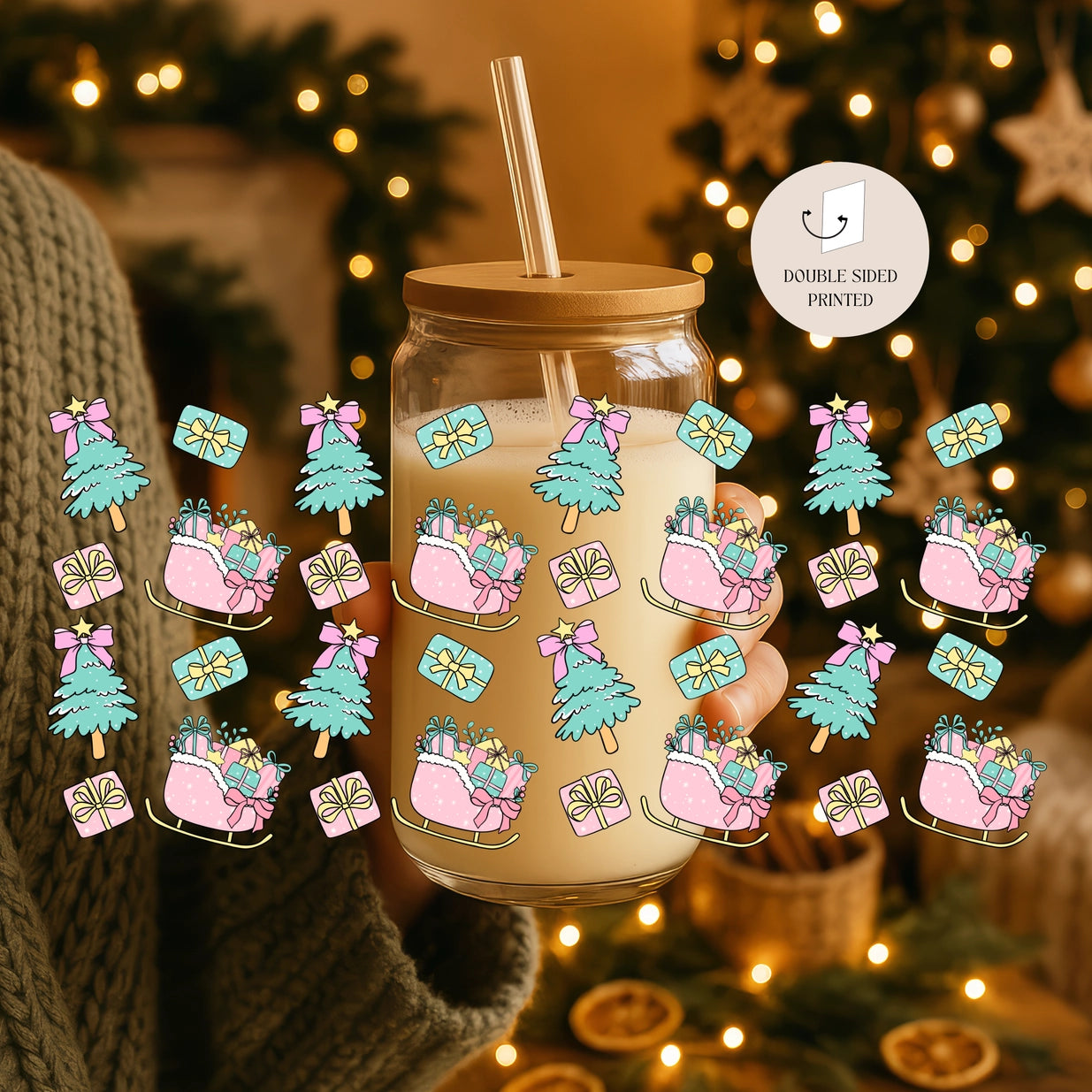 GLASBECHER I SANTA SCHLITTEN I DECKEL UND STROHHALM