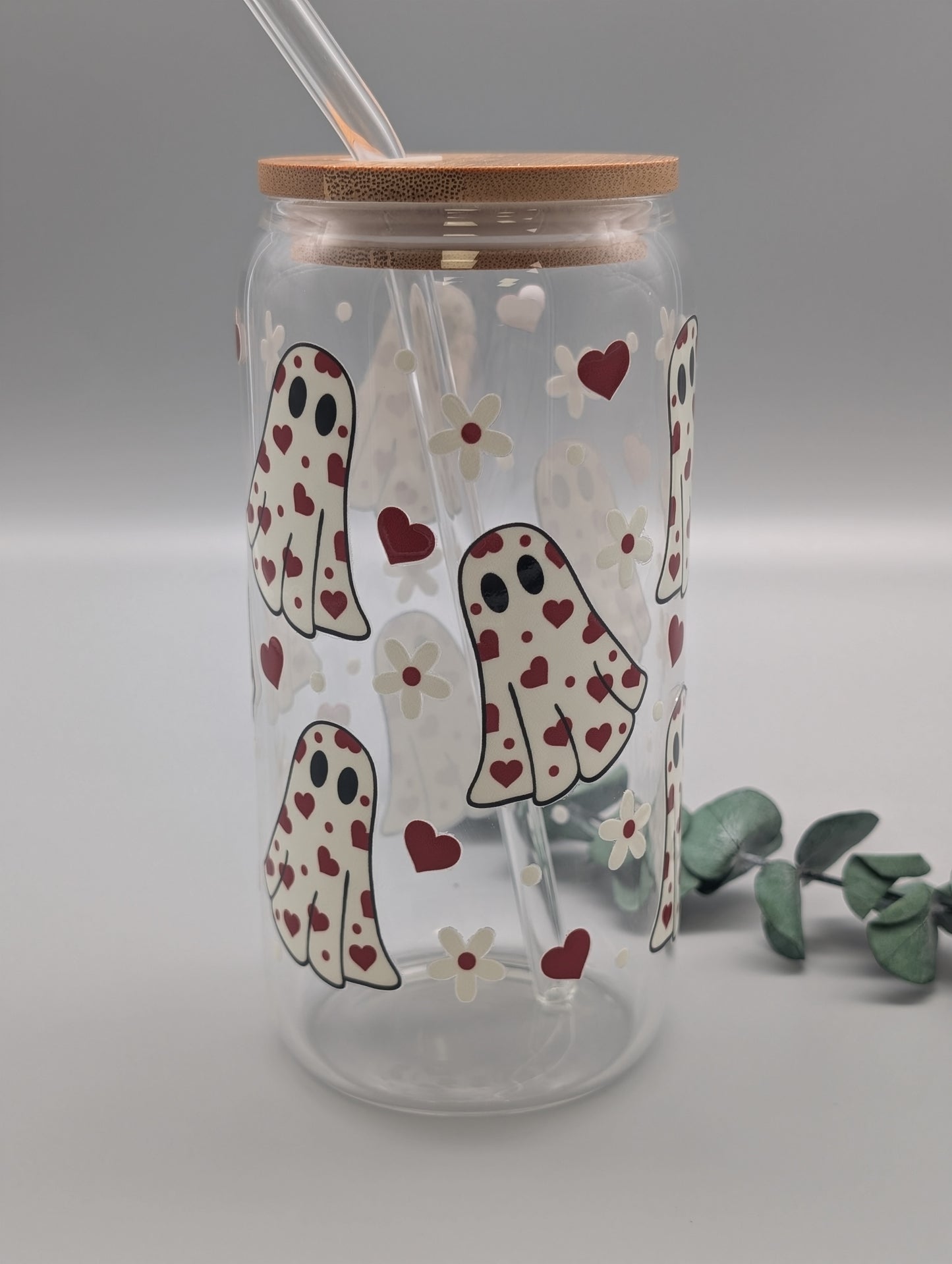 TRINKGLAS I GLASBECHER I MIT DECKEL UND STROHHALM I BOO-TIFUL HEART CUP