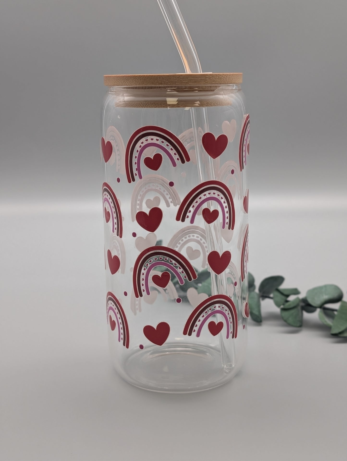 TRINKGLAS I GLASBECHER I MIT DECKEL UND STROHHALM I RAINBOW LOVE CUP