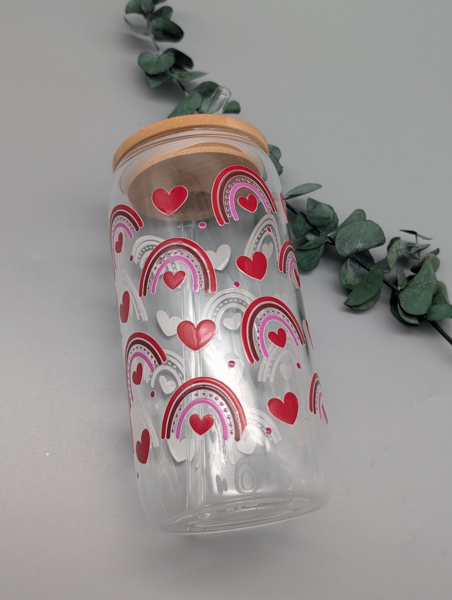 TRINKGLAS I GLASBECHER I MIT DECKEL UND STROHHALM I RAINBOW LOVE CUP