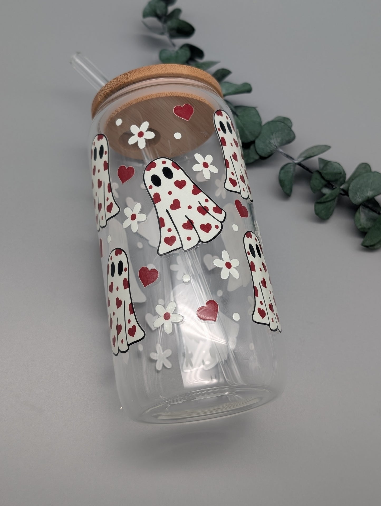 TRINKGLAS I GLASBECHER I MIT DECKEL UND STROHHALM I BOO-TIFUL HEART CUP