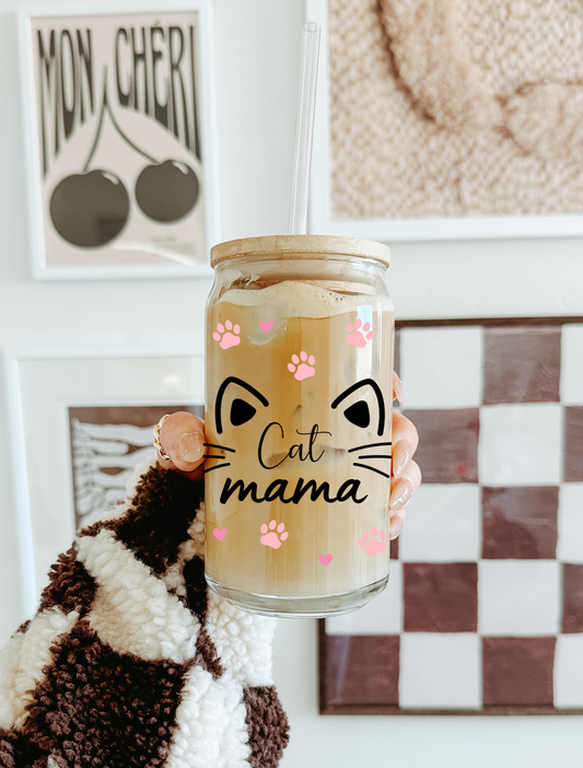 GLASBECHER I KATZENMAMA I  MIT DECKEL UND STROHHALM